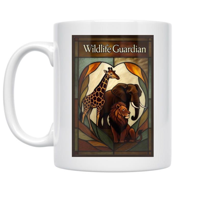 Tailorly White Ceramic 11 oz Mug - Wildlife Guardian Stained Glass Mosaic Design Featuring Giraffe Elephant And Lion Heart Wildlife