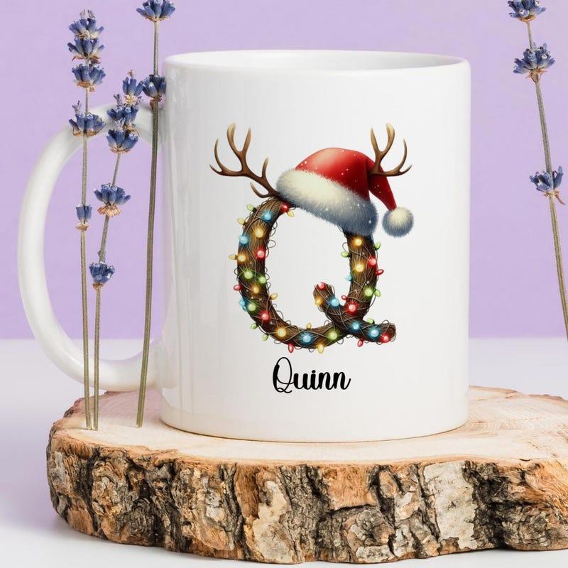 Tailorly White Ceramic 11 oz Mug - Quinn Festive Reindeer Letter Q Decorated With Twinkling Holiday Lights Mug