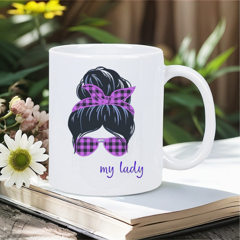 Tailorly White Ceramic 11 oz Mug - My Lady Stylish Messy Bun Wearing Purple Plaid Headband And Sunglasses Lady