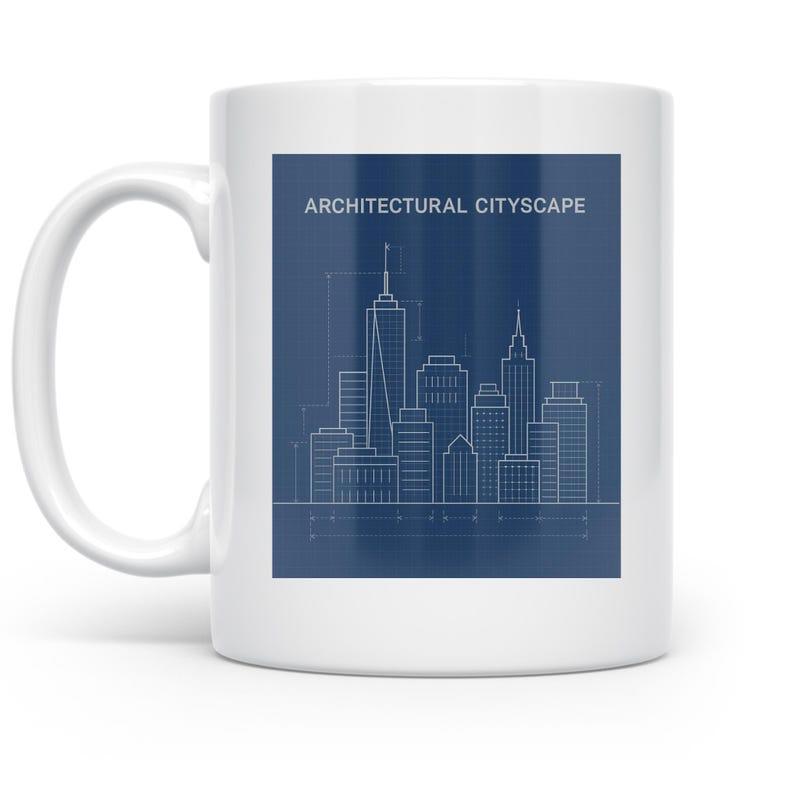 Tailorly White Ceramic 11 oz Mug - Architectural Cityscape Minimalist Blueprint Style Modern Buildings Standing Tall Under Open Sky Cityscape