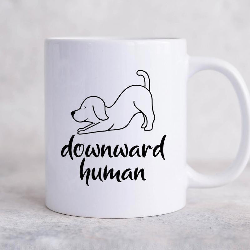 Tailorly White Ceramic 11 oz Mug - Downward Human Minimalist Black Line Drawing Of A Stretching Friendly Domestic Dog