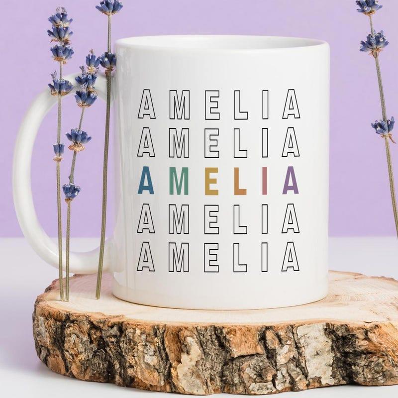 Tailorly White Ceramic 11 oz Mug - Amelia Modern Minimalist Style With Stacked Repeated Sans Serif Typography Mug