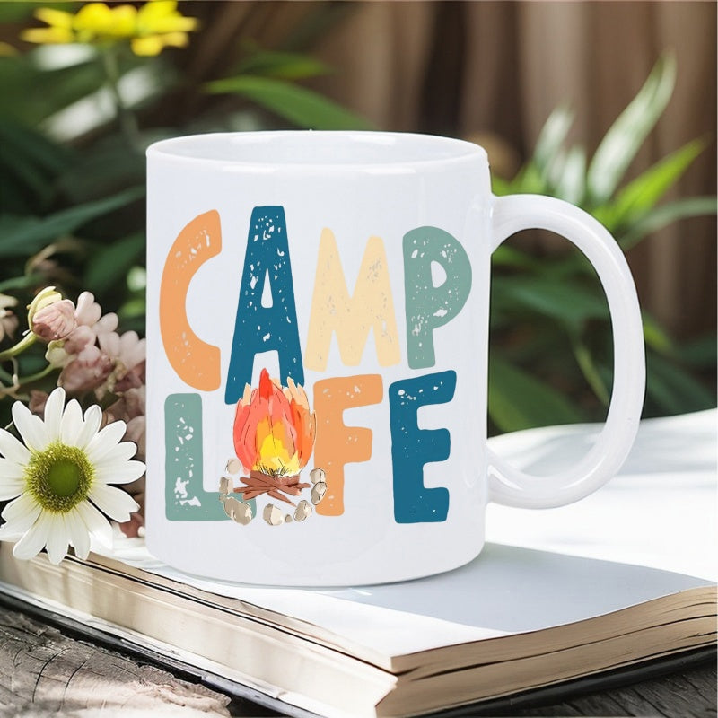 Tailorly White Ceramic 11 oz Mug - Camp Life Vintage Textured Colorful Letters Arranged Around A Glowing Warm Campfire