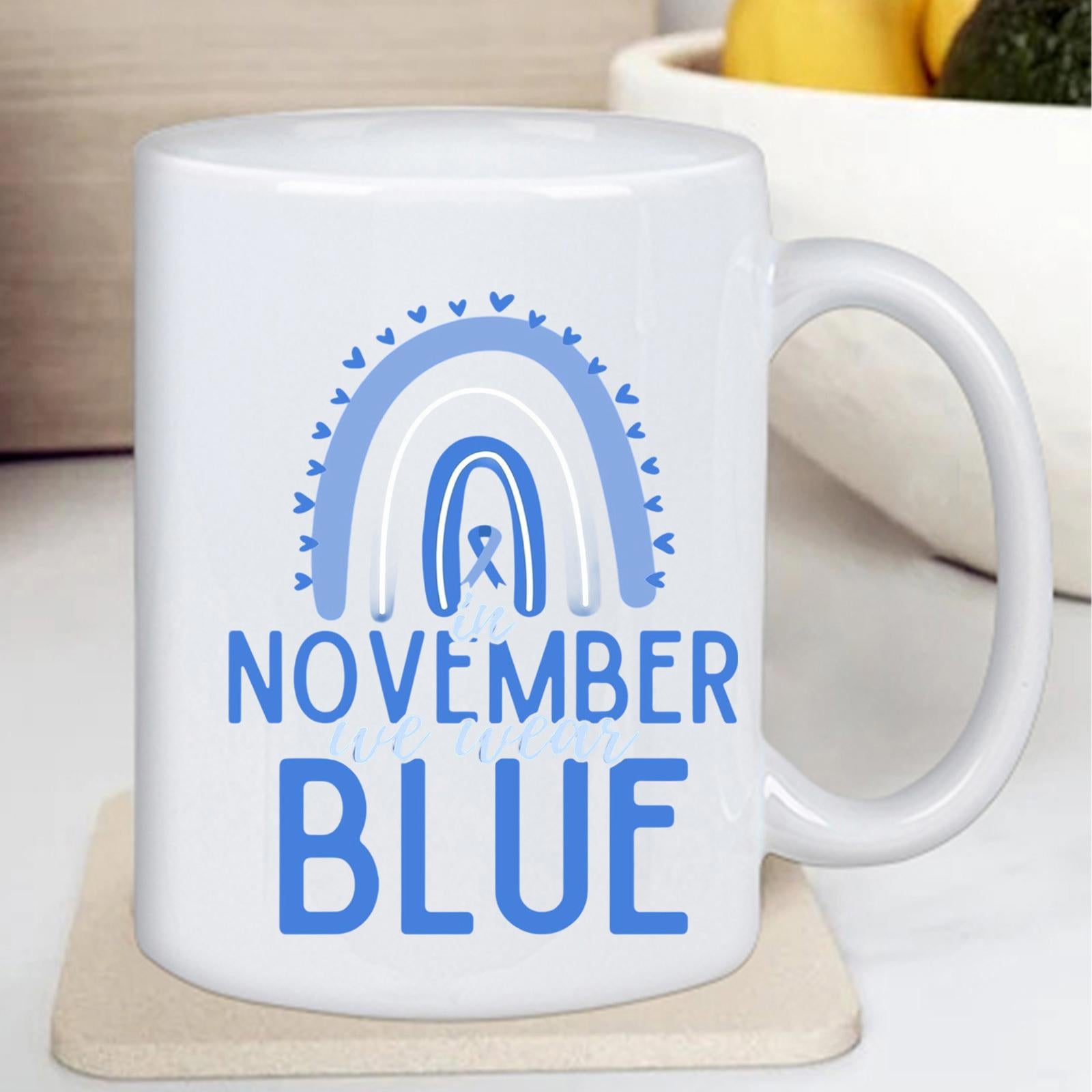 Tailorly White Ceramic 11 oz Mug - November Blue Stylized Shades Of Light Blue Featuring Delicate Heart Accents Rainbow