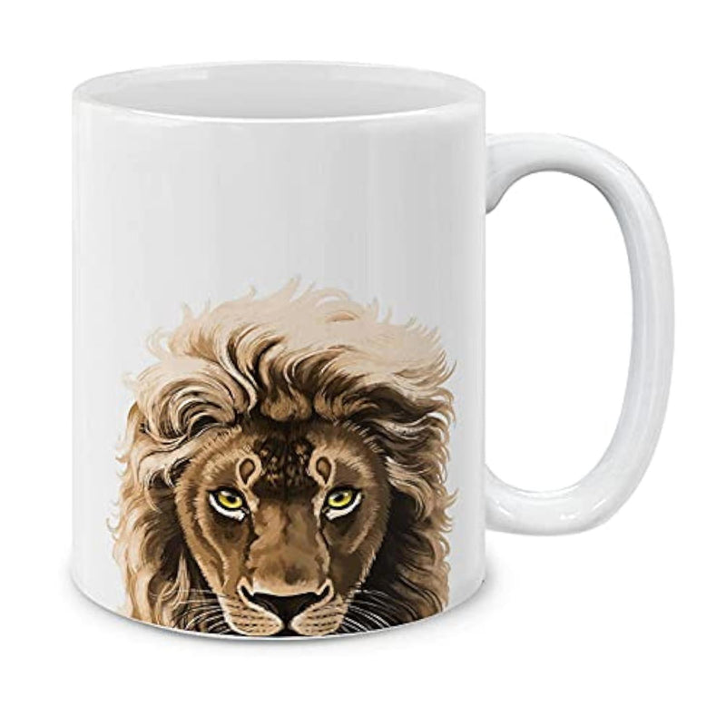 Tailorly White Ceramic 11 oz Mug - Majestic Wild Animal With Thick Golden Mane And Piercing Yellow Eyes Lion