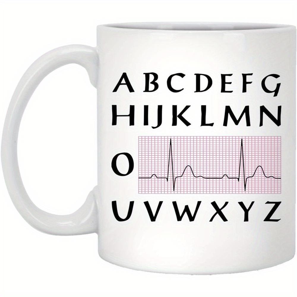 Tailorly White Ceramic 11 oz Mug - Alphabet Medical Heartbeat Monitor Rhythm Displayed On Pink Grid Pattern Alphabet
