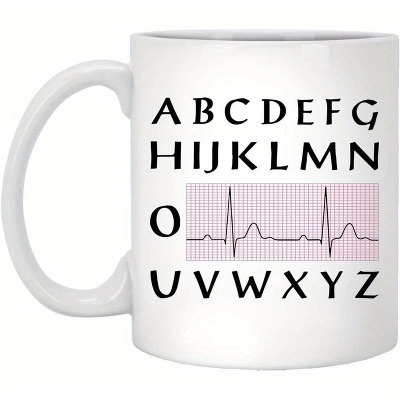 Tailorly White Ceramic 11 oz Mug - Alphabet Medical Heartbeat Monitor Rhythm Displayed On Pink Grid Pattern Alphabet