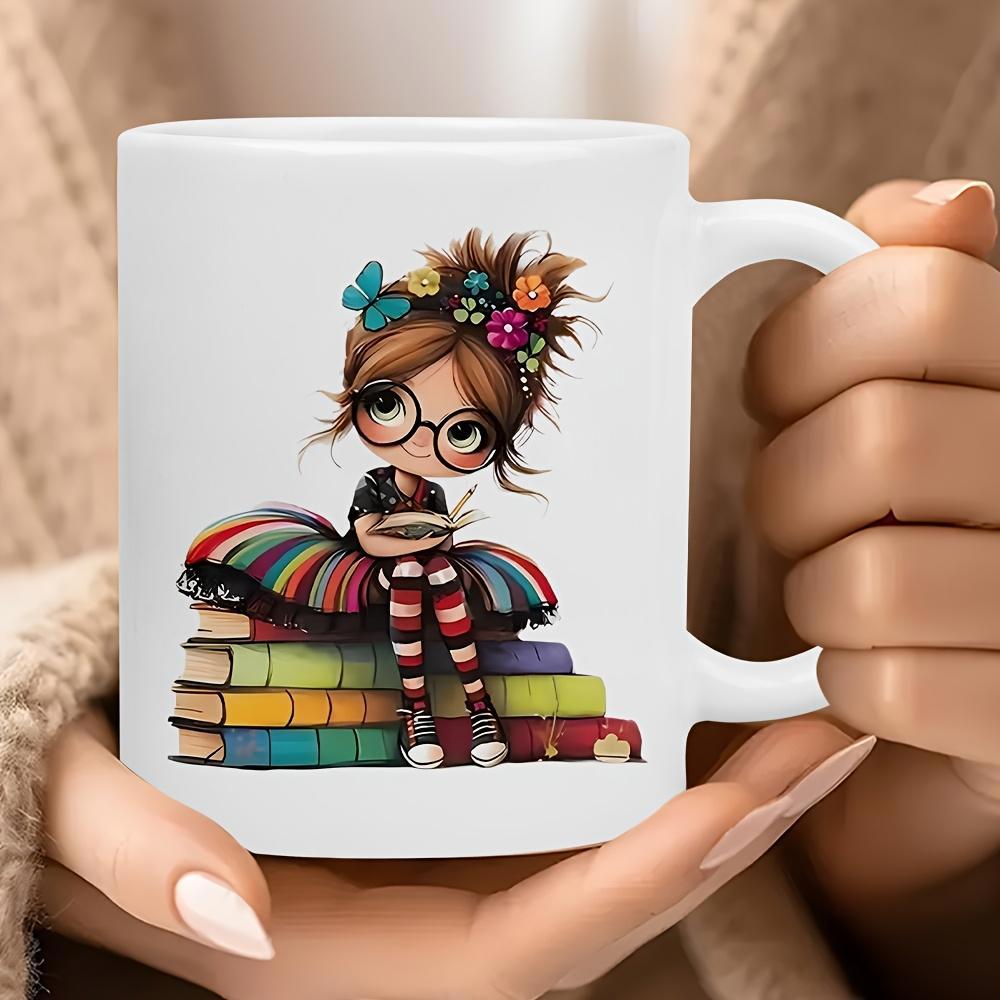 Tailorly White Ceramic 11 oz Mug - Cute Studious Girl With Glasses Sitting On Colorful Stacked Books Girl