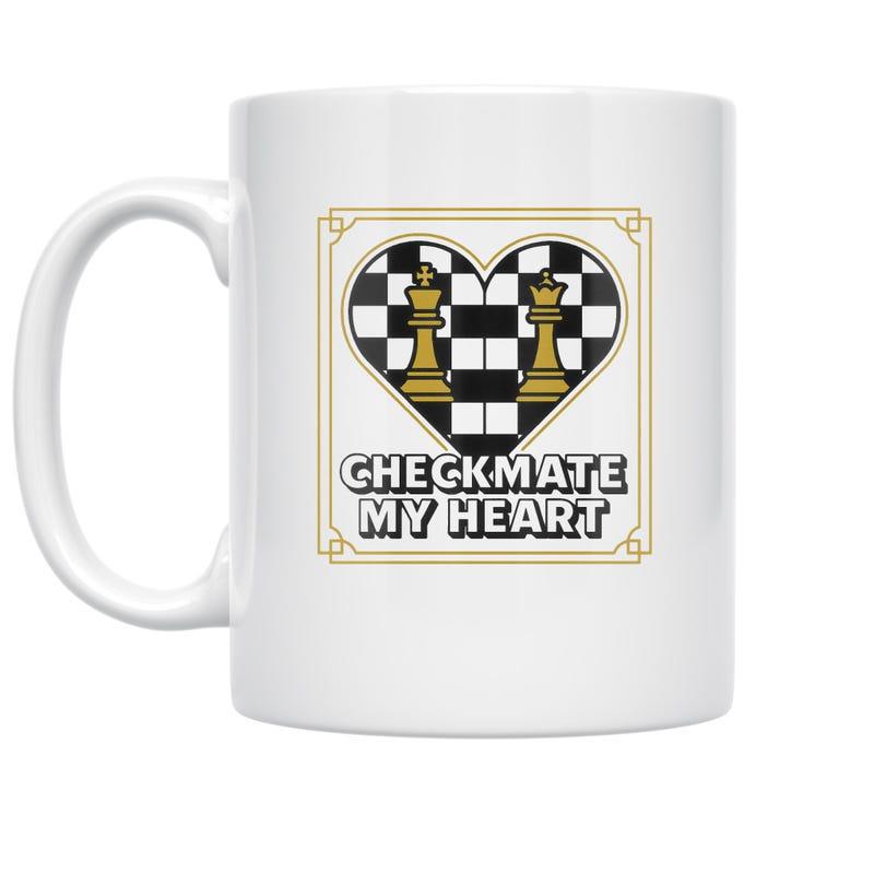 Tailorly White Ceramic 11 oz Mug - Checkmate My Heart Elegant Golden King And Queen Standing On A Checkered Pattern Heart