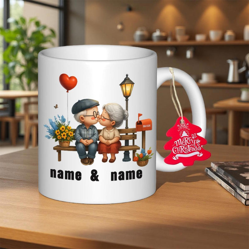 Tailorly White Ceramic 11 oz Mug - Name Name Merry Christmas Charming Elderly Sweethearts Sitting On Park Bench Sharing A Tender Kiss Couple