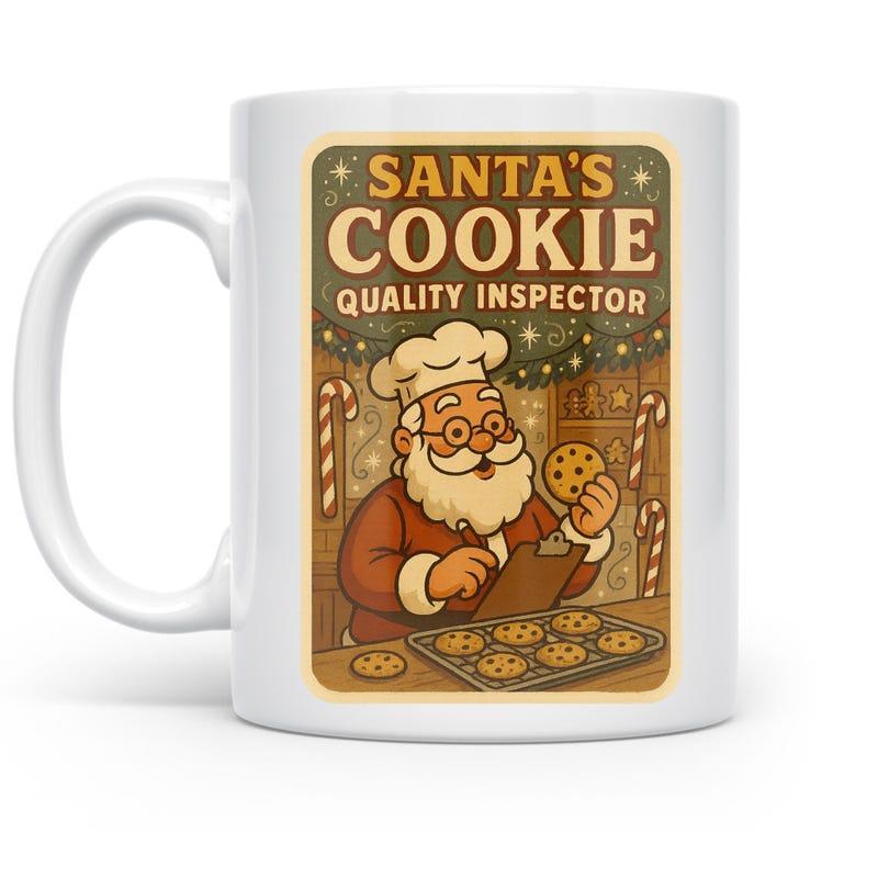 Tailorly White Ceramic 11 oz Mug - Santas Cookie Quality Inspector Cheerful Baker In Red Suit Holding Fresh Round Chocolate Chip Santa Claus