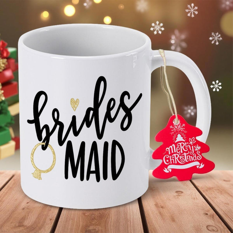 Tailorly White Ceramic 11 oz Mug - Bridesmaid Merry Christmas Elegant Script Heart And Ring With Red Christmas Tree Mug