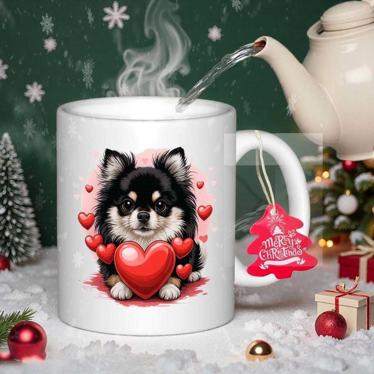 Tailorly White Ceramic 11 oz Mug - Adorable Black And White Long Haired Puppy Holding A Large Red Heart Chihuahua