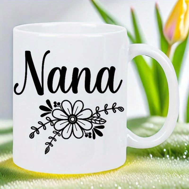 Tailorly White Ceramic 11 oz Mug - Nana Elegant Black Line Art Floral Pattern With Blooming Petals And Leaves Flower