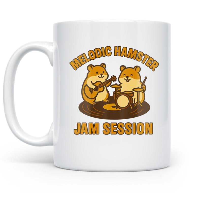 Tailorly White Ceramic 11 oz Mug - Melodic Hamster Jam Session Two Adorable Cartoon Animals Playing Guitar And Drums Together Hamster