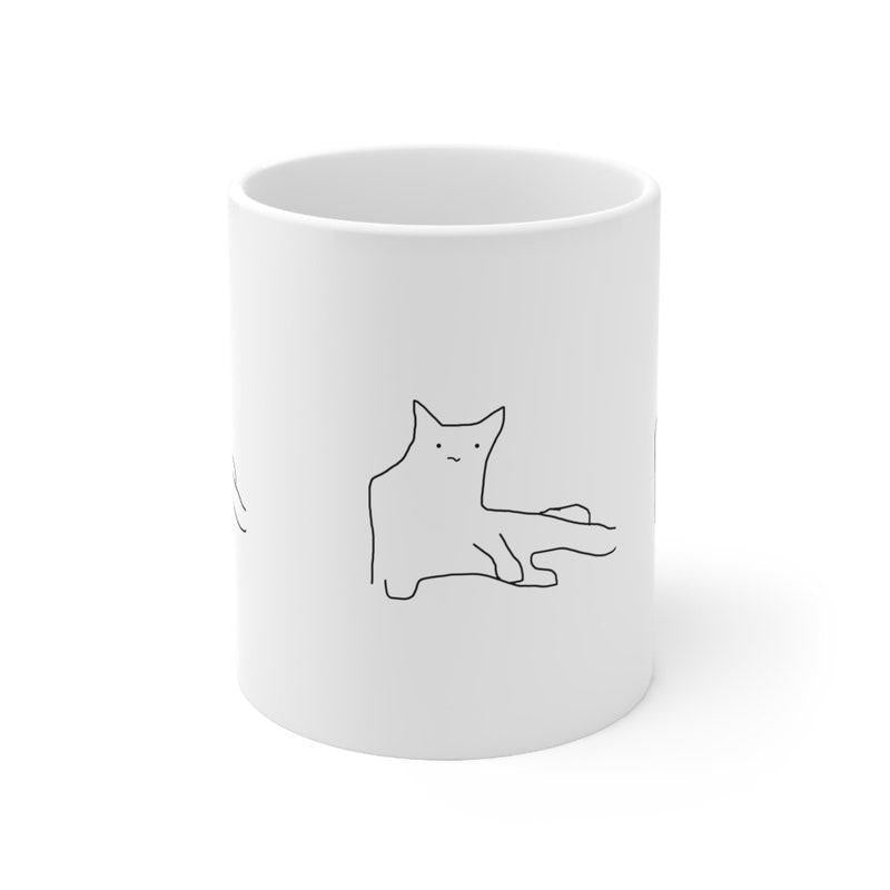 Tailorly White Ceramic 11 oz Mug - Simple Hand Drawn Black Line Art Minimalist Sitting Funny Wonky Cat