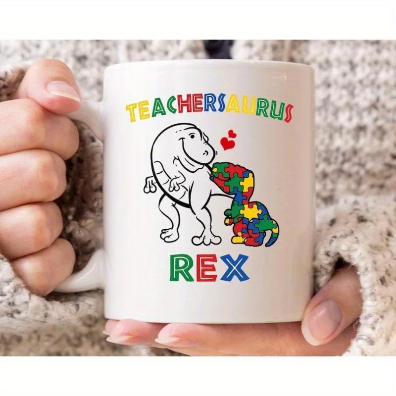 Tailorly White Ceramic 11 oz Mug - Teachersaurus Rex Cartoon Character With Colorful Puzzle Pattern And Red Hearts Dinosaur