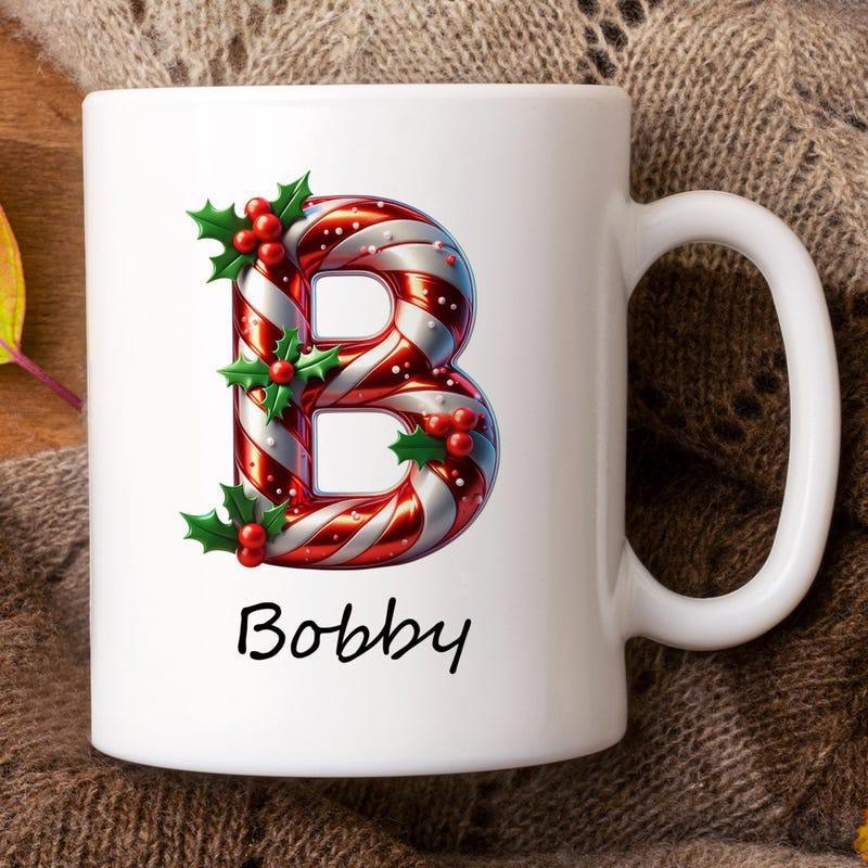 Tailorly White Ceramic 11 oz Mug - Bobby Glossy Candy Cane Striped Texture With Festive Holly Leaves And Red Berries Letter B