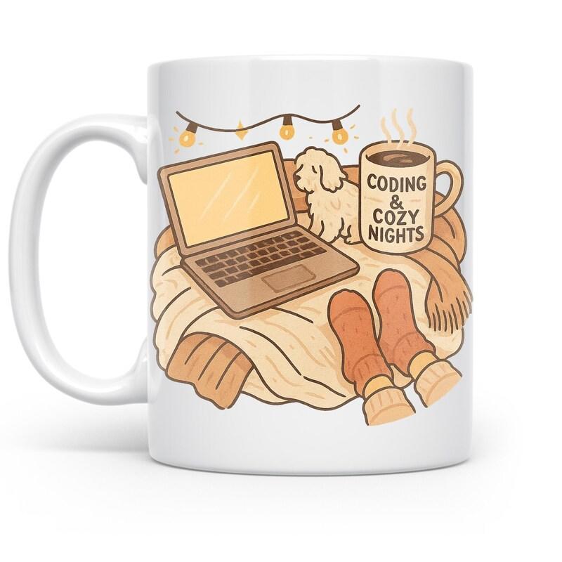 Tailorly White Ceramic 11 oz Mug - Coding Cozy Nights Relaxing Home Scene With Fluffy Dog And Warm Coffee Laptop