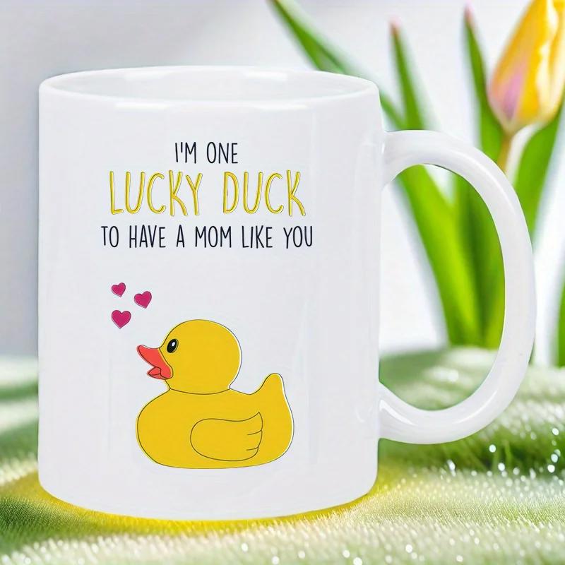 Tailorly White Ceramic 11 oz Mug - Im One Lucky Duck To Have A Mom Like You Adorable Yellow Rubber Duck With Small Floating Red Hearts Duck