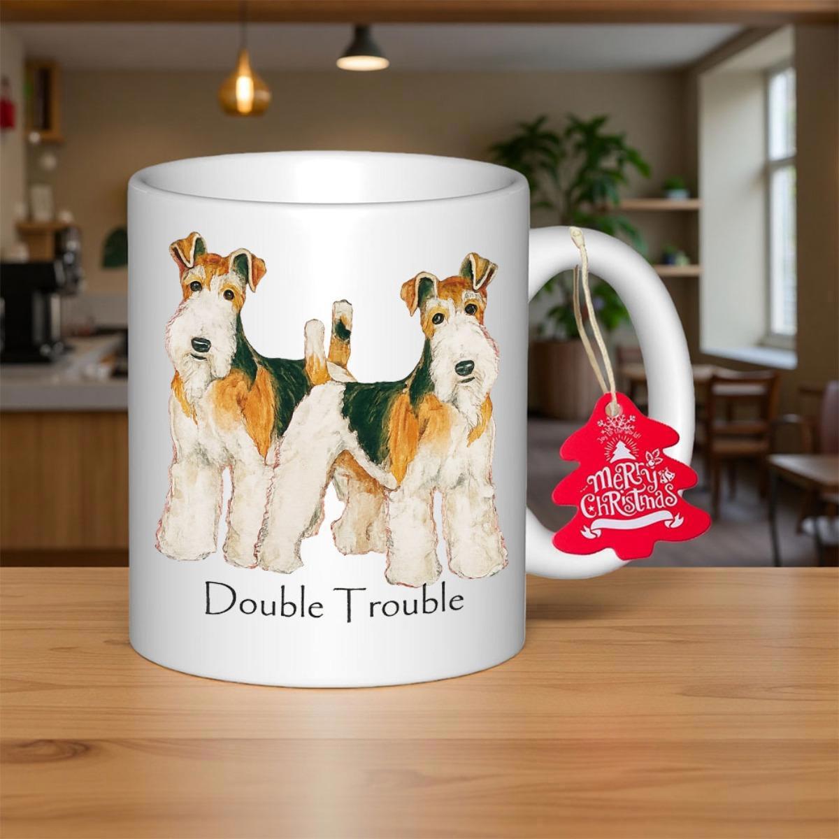 Tailorly White Ceramic 11 oz Mug - Double Trouble Two Cute Wire Fox Terrier Dogs Standing Together In Playful Pose Terrier