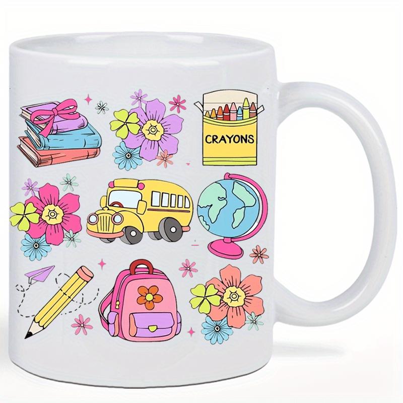 Tailorly White Ceramic 11 oz Mug - Crayons Playful Cartoon School Supplies Among Colorful Blossoming Flowers And Yellow Bus