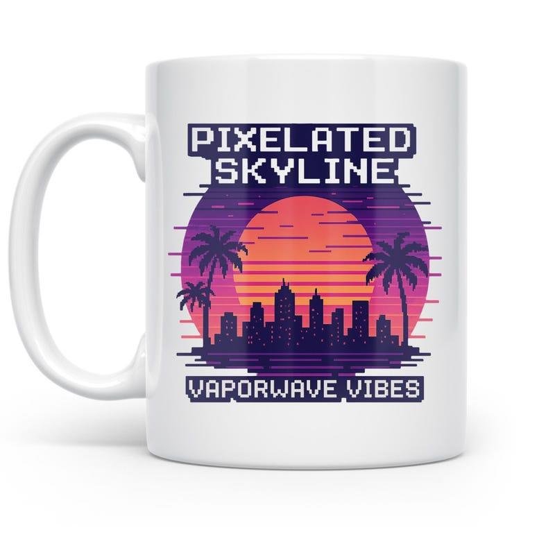 Tailorly White Ceramic 11 oz Mug - Pixelated Skyline Vaporwave Vibes Retro Sun Rising Behind Palm Trees And Urban Cityscape Silhouette Skyline