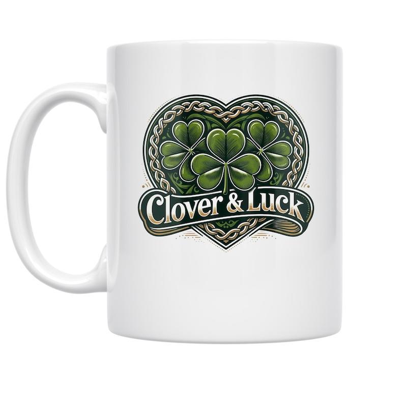 Tailorly White Ceramic 11 oz Mug - Clover Luck Vibrant Green Leaves Inside Detailed Celtic Pattern Heart Shape Shamrock
