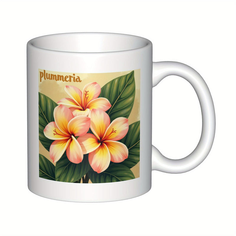 Tailorly White Ceramic 11 oz Mug - Plummeria Blooming Yellow Petals With Green Leaves Under Soft Golden Lighting Flower
