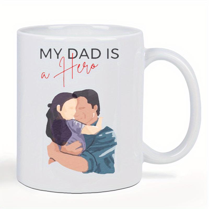 Tailorly White Ceramic 11 oz Mug - My Dad Is A Hero Heartwarming Minimalist Illustration Of A Father Hugging His Daughter Illustration
