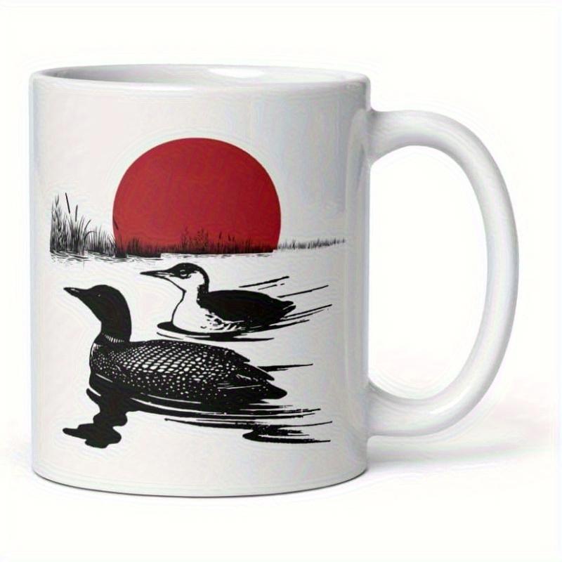 Tailorly White Ceramic 11 oz Mug - Serene Nature Scene With Two Loons Swimming Under Red Sun Loon