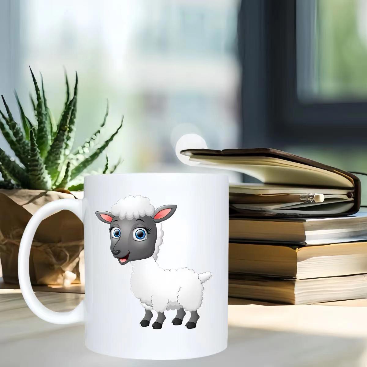 Tailorly White Ceramic 11 oz Mug - Cute Cartoon Lamb With Fluffy White Wool And Big Blue Eyes Standing Sheep