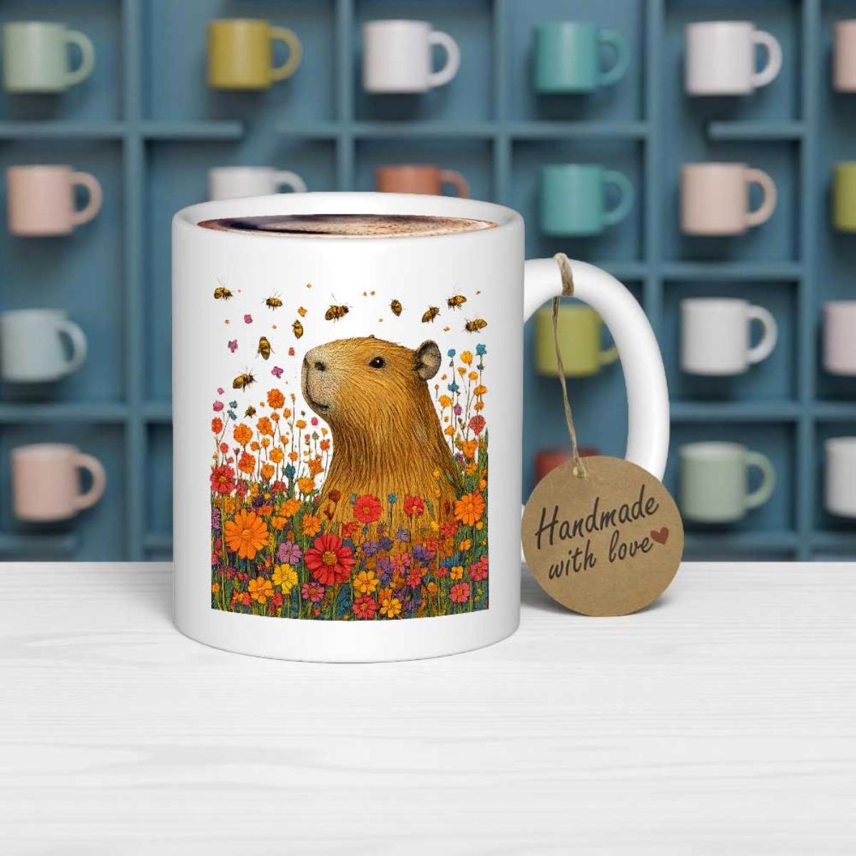 Tailorly White Ceramic 11 oz Mug - Handmade With Love Cute Brown Animal Among Colorful Blooming Summer Flowers Capybara