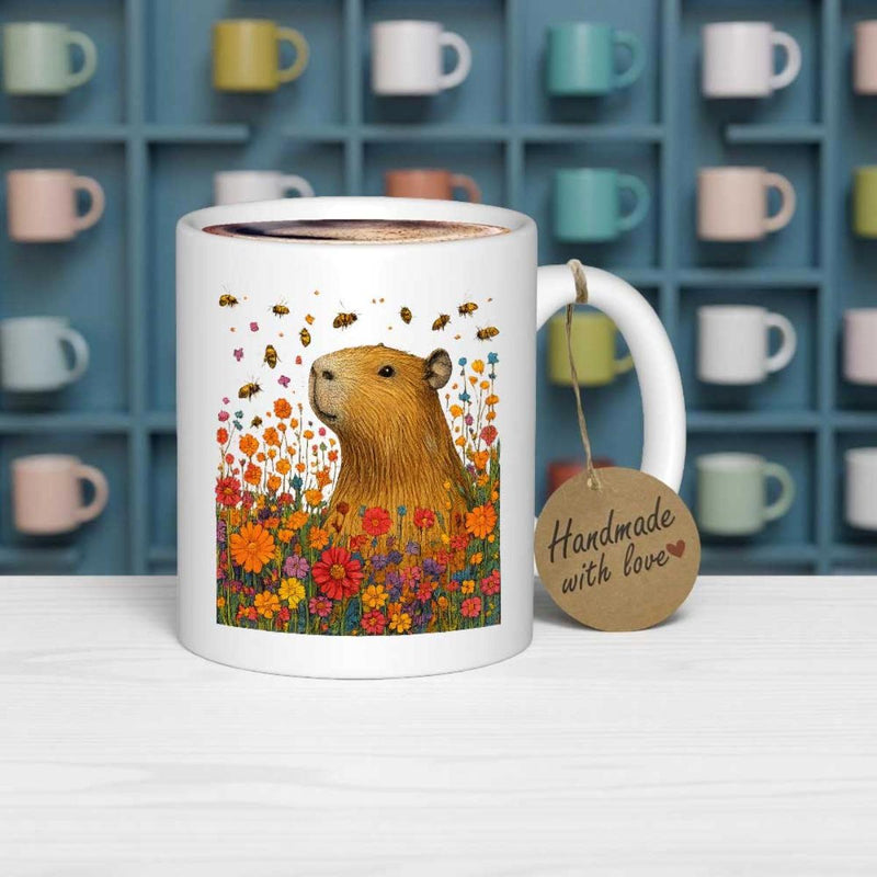 Tailorly White Ceramic 11 oz Mug - Handmade With Love Cute Brown Animal Among Colorful Blooming Summer Flowers Capybara