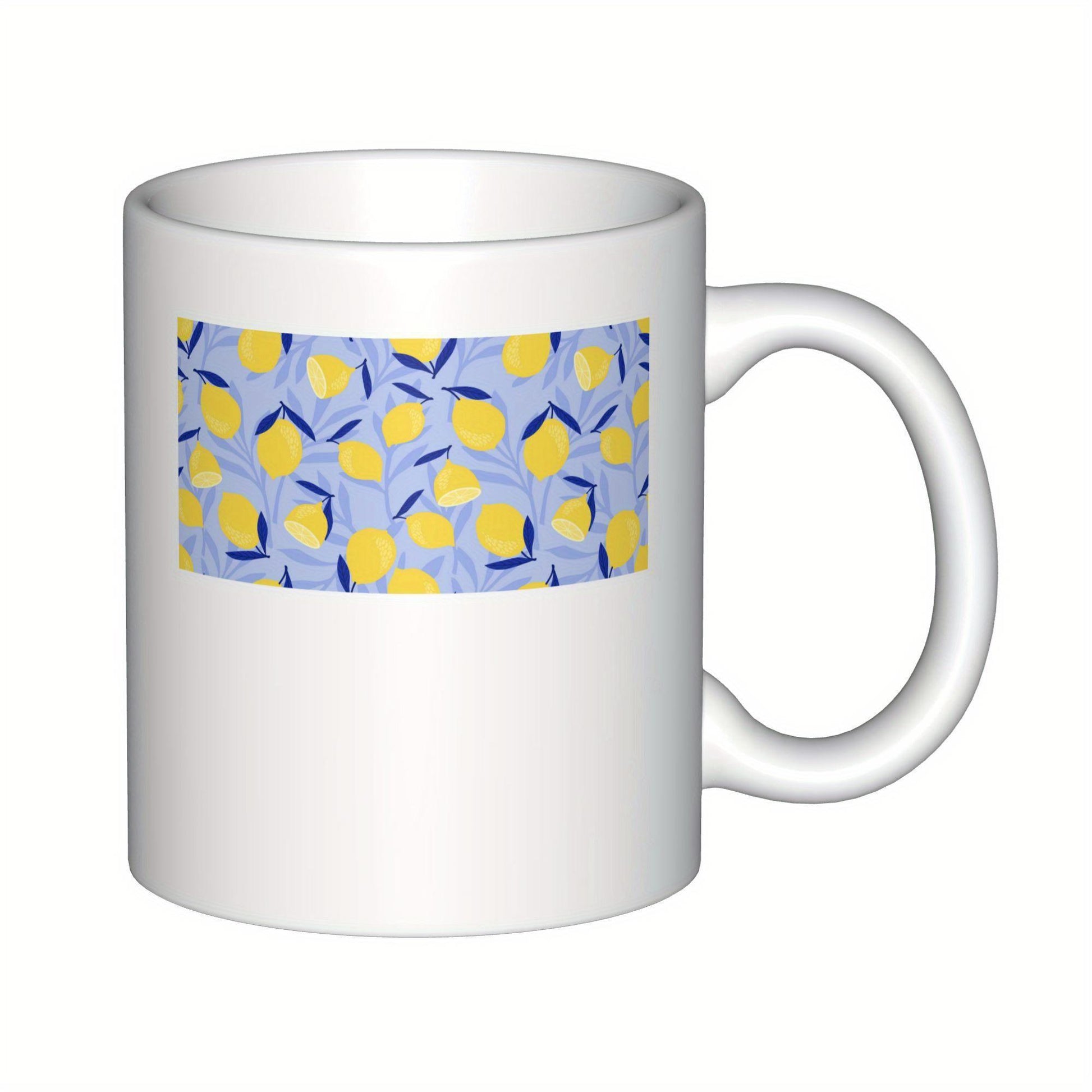 Tailorly White Ceramic 11 oz Mug - Vibrant Yellow Fruits Scattered Among Indigo Leaves On Soft Blue Background Lemon