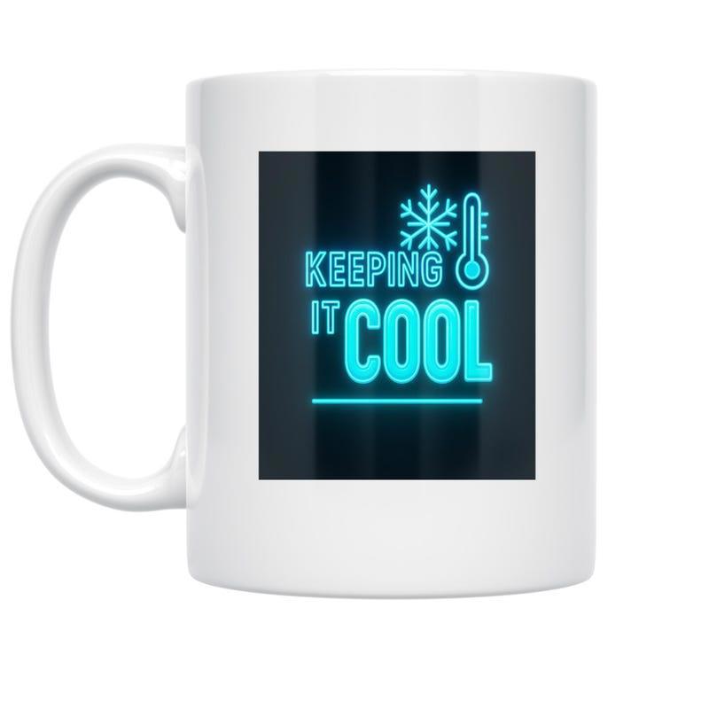 Tailorly White Ceramic 11 oz Mug - Keeping It Cool Glowing Cyan Neon Symbols On A Dark Square Background Design Mug