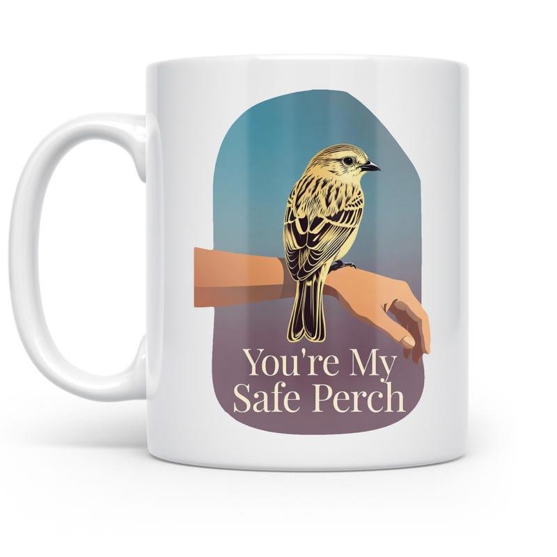 Tailorly White Ceramic 11 oz Mug - You're My Safe Perch Detailed Songbird Resting Peacefully On A Human Hand Under Blue Sky Bird