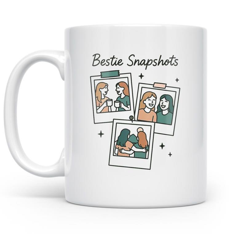 Tailorly White Ceramic 11 oz Mug - Bestie Snapshots Three Polaroid Style Photos Featuring Happy Friends Sharing Warm Moments Together Mug