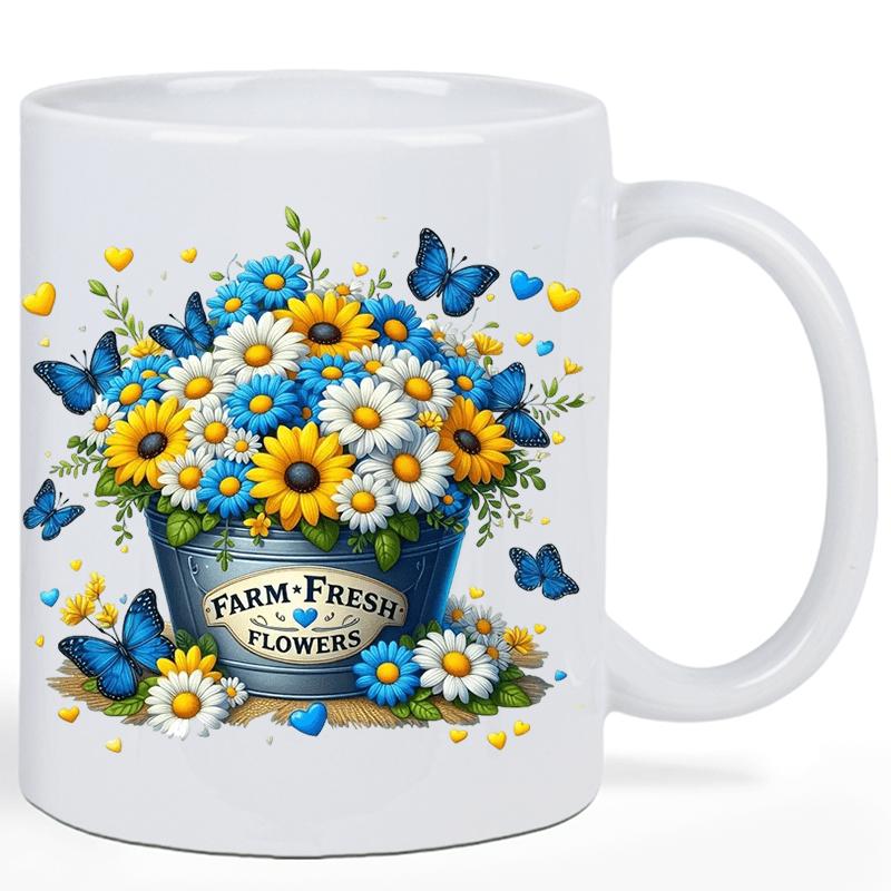 Tailorly White Ceramic 11 oz Mug - Farm Fresh Flowers Vibrant Blue Butterflies Dancing Around Rustic Bucket Filled With Colorful Spring Flowers