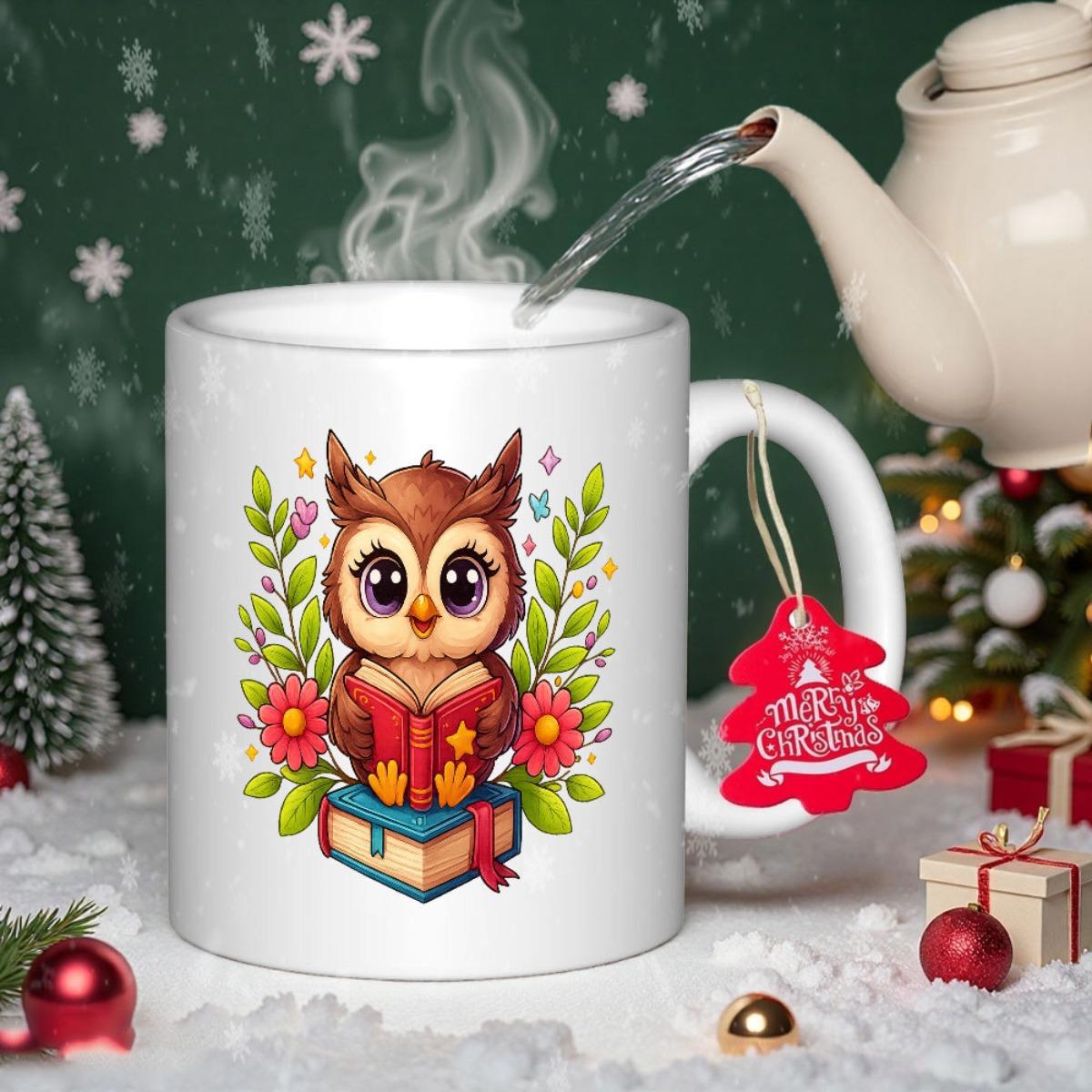 Tailorly White Ceramic 11 oz Mug - Merry Christmas Cute Wise Bird Reading Red Book Among Vibrant Green Leaves Owl