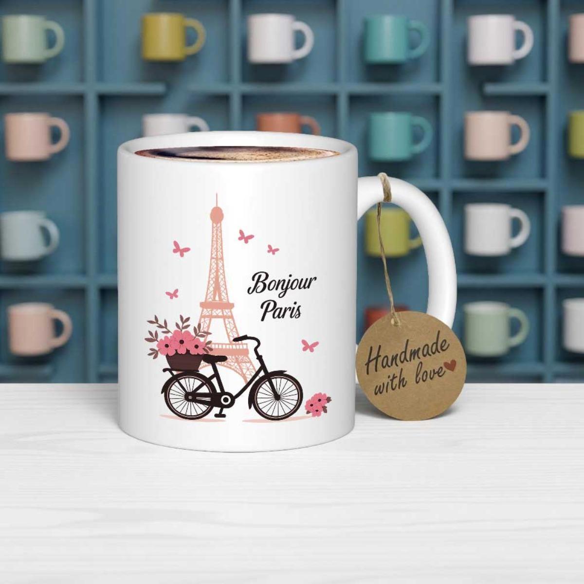 Tailorly White Ceramic 11 oz Mug - Bonjour Paris Vintage Romantic Scene With Flowers Under A Towering Metal Bicycle