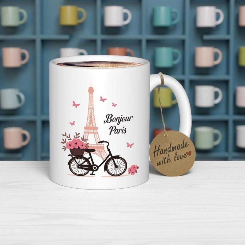 Tailorly White Ceramic 11 oz Mug - Bonjour Paris Vintage Romantic Scene With Flowers Under A Towering Metal Bicycle