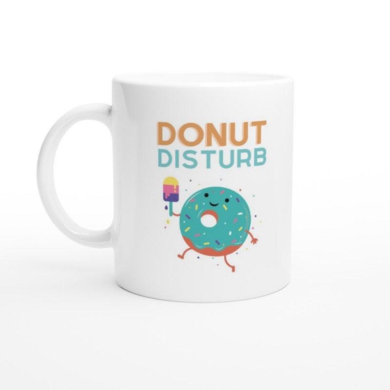 Tailorly White Ceramic 11 oz Mug - Donut Disturb Cartoon Teal Sprinkled Pastry Holding A Colorful Popsicle Running Donut