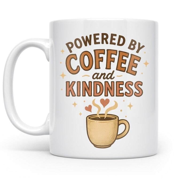 Tailorly White Ceramic 11 oz Mug - Powered By Coffee And Kindness Warm Steaming Brown Cup With Hearts And Tiny Stars Coffee Cup