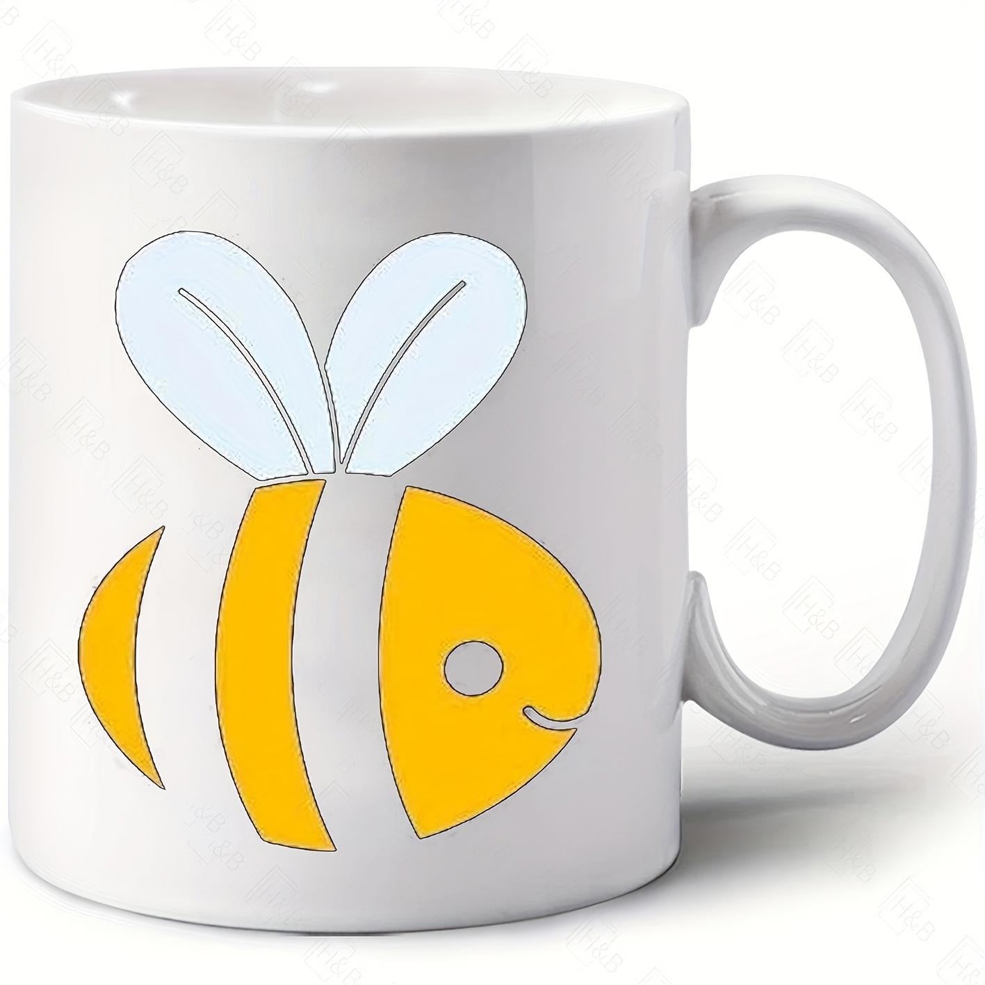 Tailorly White Ceramic 11 oz Mug - Cute Minimalist Yellow Insect With Light Blue Wings Smiling Bee