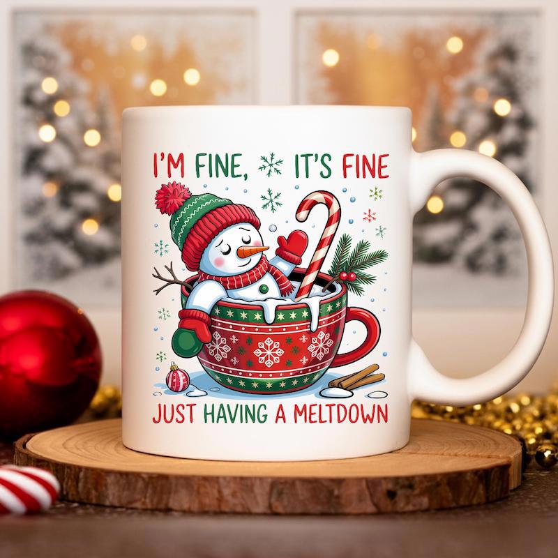 Tailorly White Ceramic 11 oz Mug - Im Fine Its Fine Just Having A Meltdown Festive Cartoon Snowman Resting In A Decorative Winter Hot Cocoa Mug Snowman