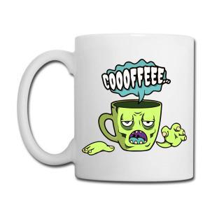 Tailorly White Ceramic 11 oz Mug - Cooofffeee Tired Green Zombie Cartoon Character Reaching Out With Steam Thought Bubble Mug