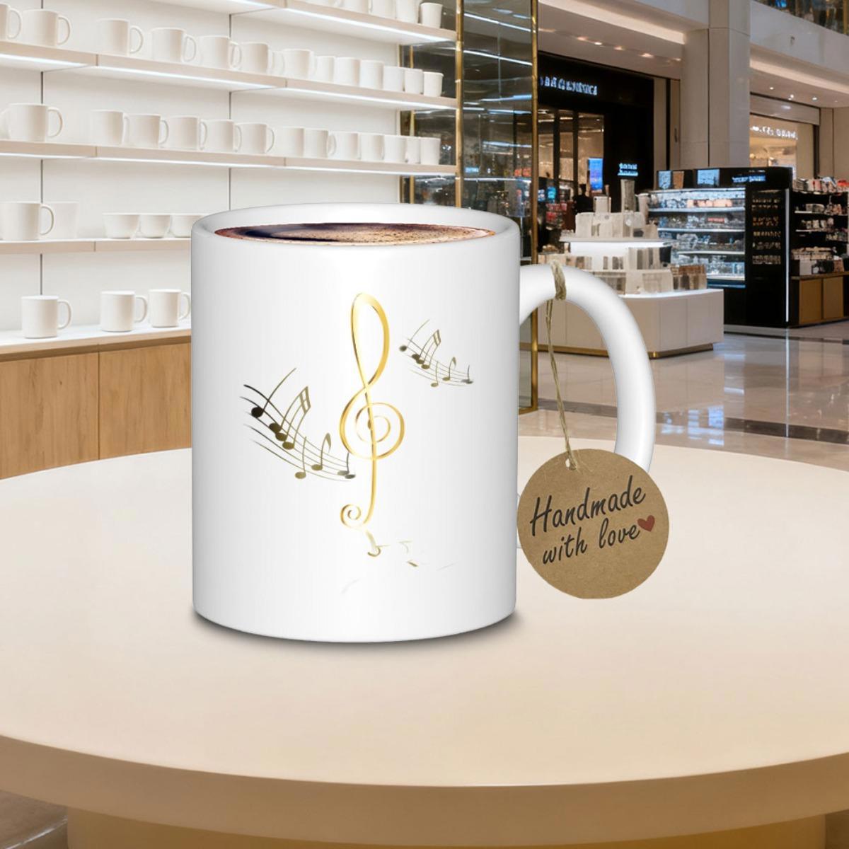 Tailorly White Ceramic 11 oz Mug - Elegant Golden Melody Design With Musical Notes Transforming Into Flying Birds Treble Clef