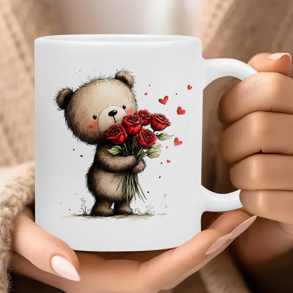 Tailorly White Ceramic 11 oz Mug - Sweet Furry Teddy Holding A Lovely Bouquet Of Red Roses Bear