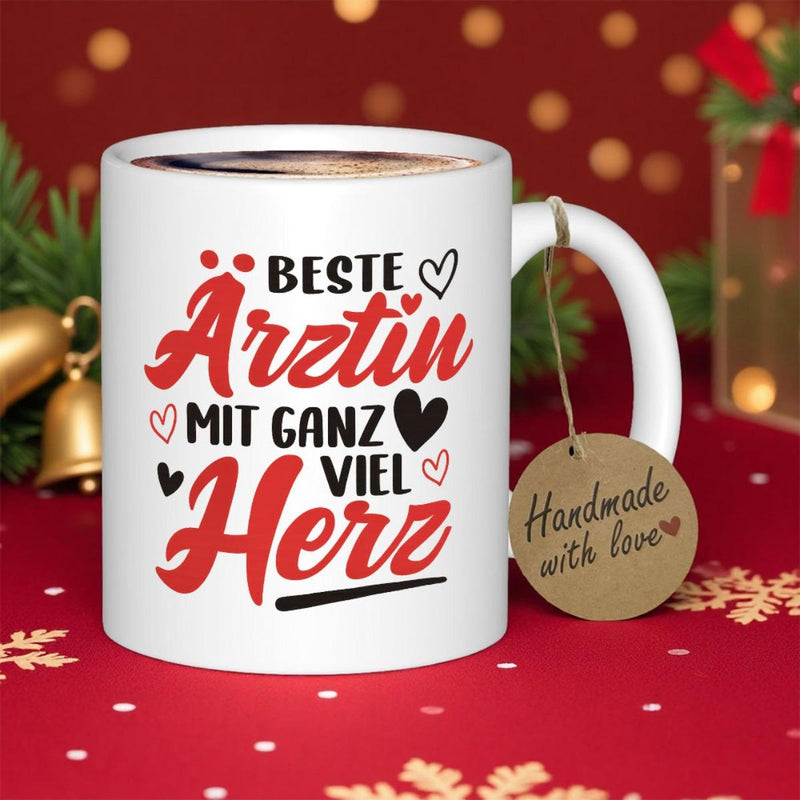 Tailorly White Ceramic 11 oz Mug - Handmade With Love Delicate Red And Black Hearts Scattered Among Stylized Script Typographic Elements Heart